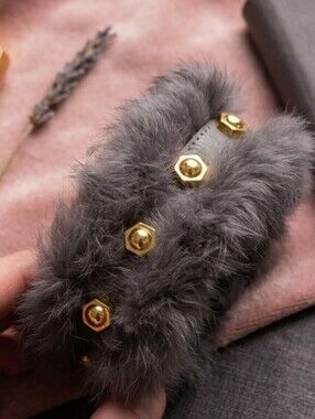Luxe Statement Wrist Cuff with Gold Studs In Gray/Gold Feels Like Leather & Fur